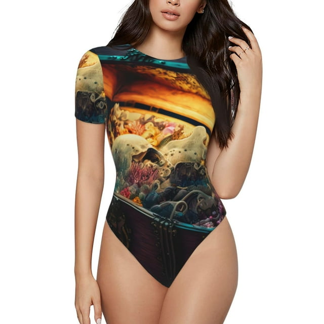 Bingfone Underwater Treasure Chest Pattern Women's Round Neck Bodysuit, Tight Snap Button Short Sleeve Bodysuit, Suitable for Party, Sports, Daily Wear-X-Large
