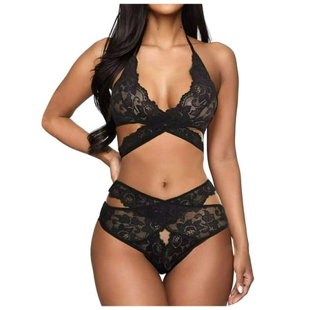 

RPVATI Women Sexy Lingerie Set Lace Criss Cross Bra and Panty Sets Halter Bodydoll Lingerie