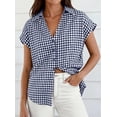 thumbnail image 4 of PRETTYGARDEN Womens Button Down Shirts V Neck Short Cap Sleeve Collared Plaid Tops Summer Spring Casual Blouses Clothes, 4 of 8