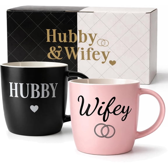 Triple Gifffted Hubby and Wifey Coffee Mugs Set, Mr and Mrs Couples Gift for Wedding, Anniversary, Engagement, Valentines, Christmas Day, His Hers Present for Husband Wife, Newlyweds, 13oz Ceramic