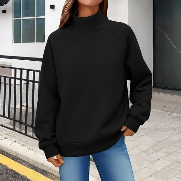 Women's Solid Color Turtleneck Sweatshirt,Raglan Sleeve Pullover Top,Casual Loose Fit Streetwear,Comfortable Fleece Lined Crewneck Sweatshirt for Women,Oversized Casual Wear for Daily Use Black