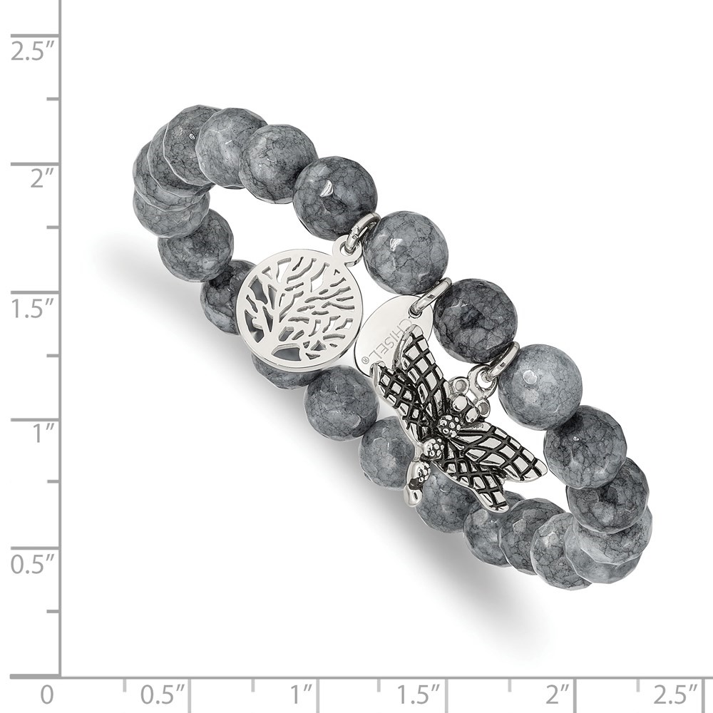 Diamond2Deal Stainless Steel Dragonfly and Tree of Life 8mm Grey Dyed Jade Beaded Stretch Bracelet for Women 6"