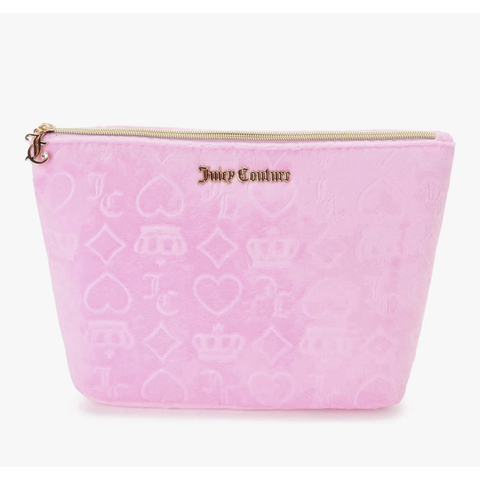 Juicy Couture Women’s Baby Pink Velvet Embossed Cosmetic Bag with Gold Logo & Crown/Heart Pattern
