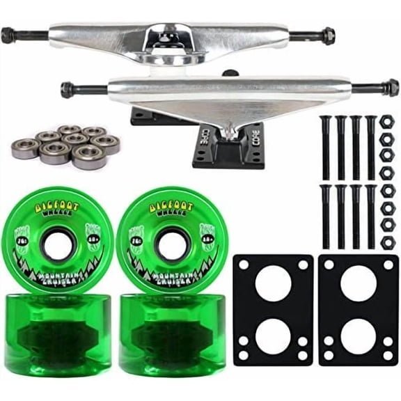 Longboard Skateboard Trucks Combo Set 76mm Bigfoot Cruisers Wheels with Silver Trucks, Bearings, and Hardware Package (76mm Green Wheels, 7.0 (9.63") Silver Trucks)$$Sport & Recreation Other