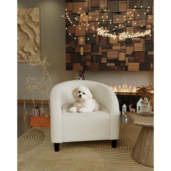 Modern Barrel Accent Chair Upholstered Soft Fleece Fabric with Rounded Back Comfortable Armchair for Living Room Bedroom Office Reception Waiting Area White