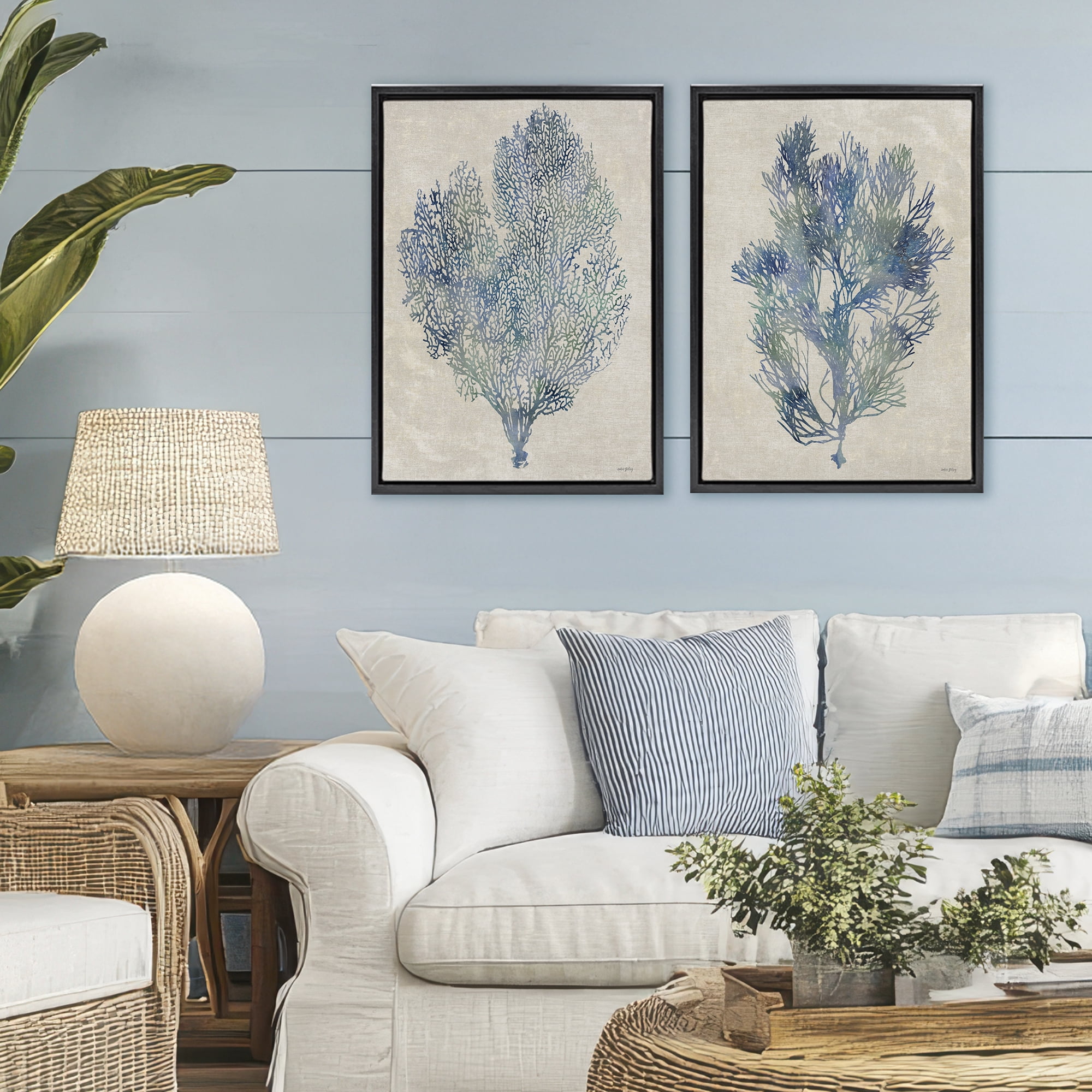 Stupell Industries Fan Coral Study in Blues 2 Piece Black Framed Floater Canvas Set, design by Amber Sterling