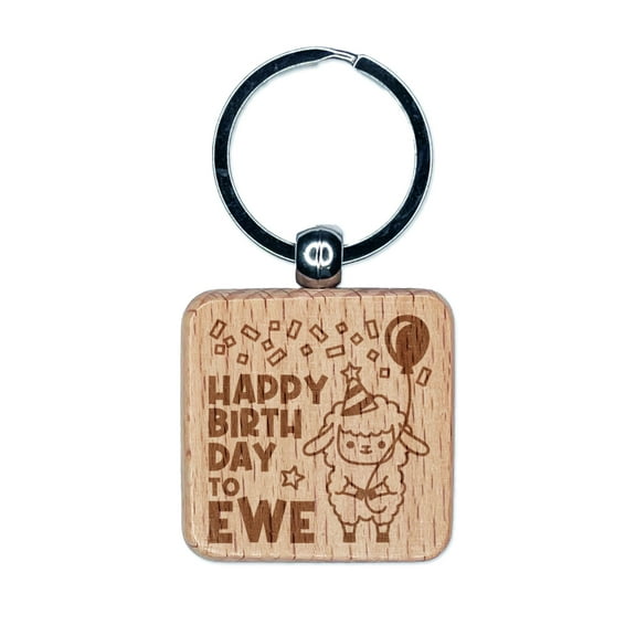 Happy Birthday to Ewe You Lamb Square Keychain Charm Tag - Engraved Wood
