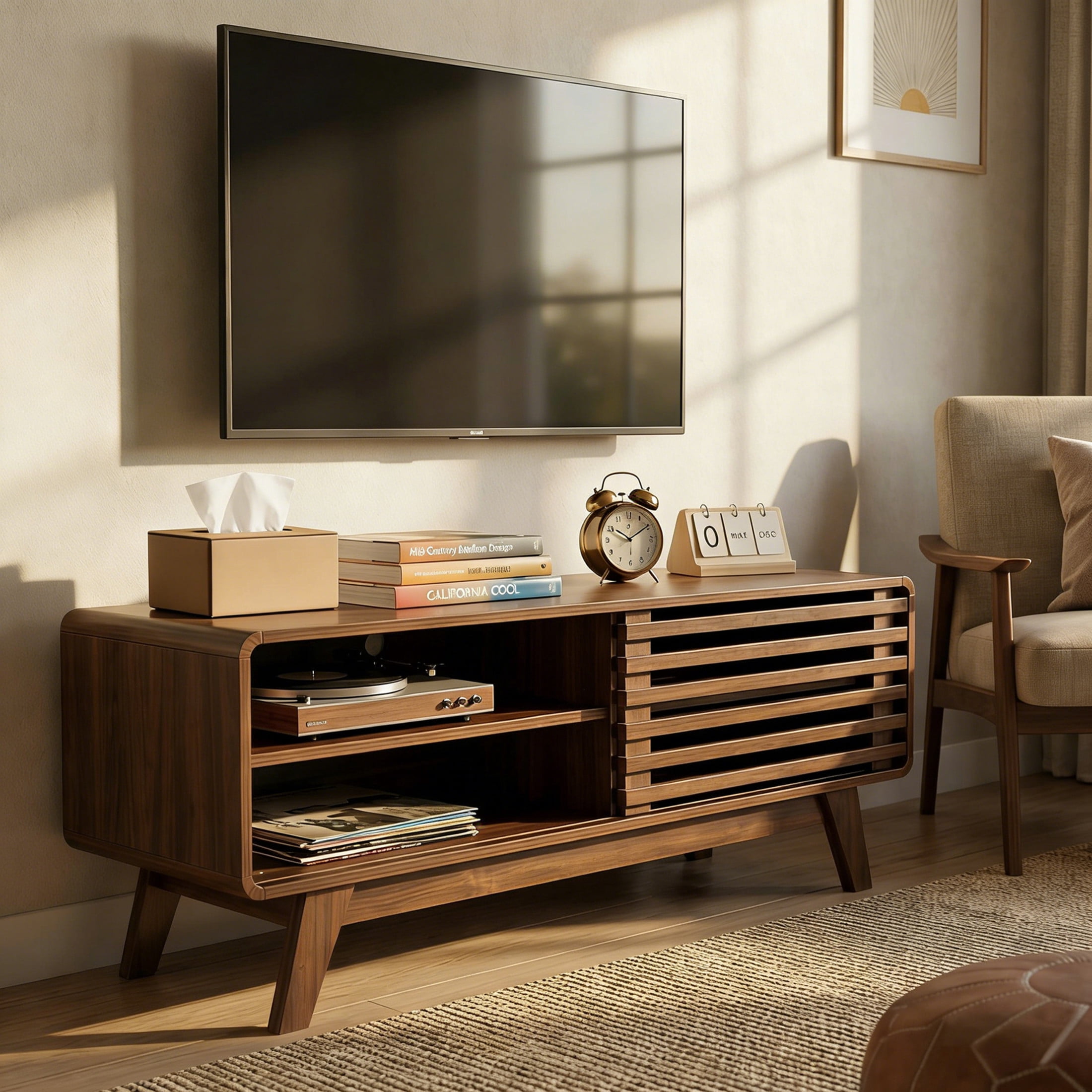 Noble House 46" TV Stand with Sliding Doors, Mid-Century Media Console for Living Room, Entertainment Center, Walnut