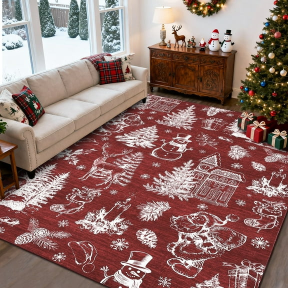 Garvee 8'x10' Christmas Area Rug Xmas Tree Reindeer Carpet, Machine Washable Rugs with Non Slip Rubber Backing Printed Festival Decorative Floor Mats for Living Room Bedroom Holiday Decor, Red