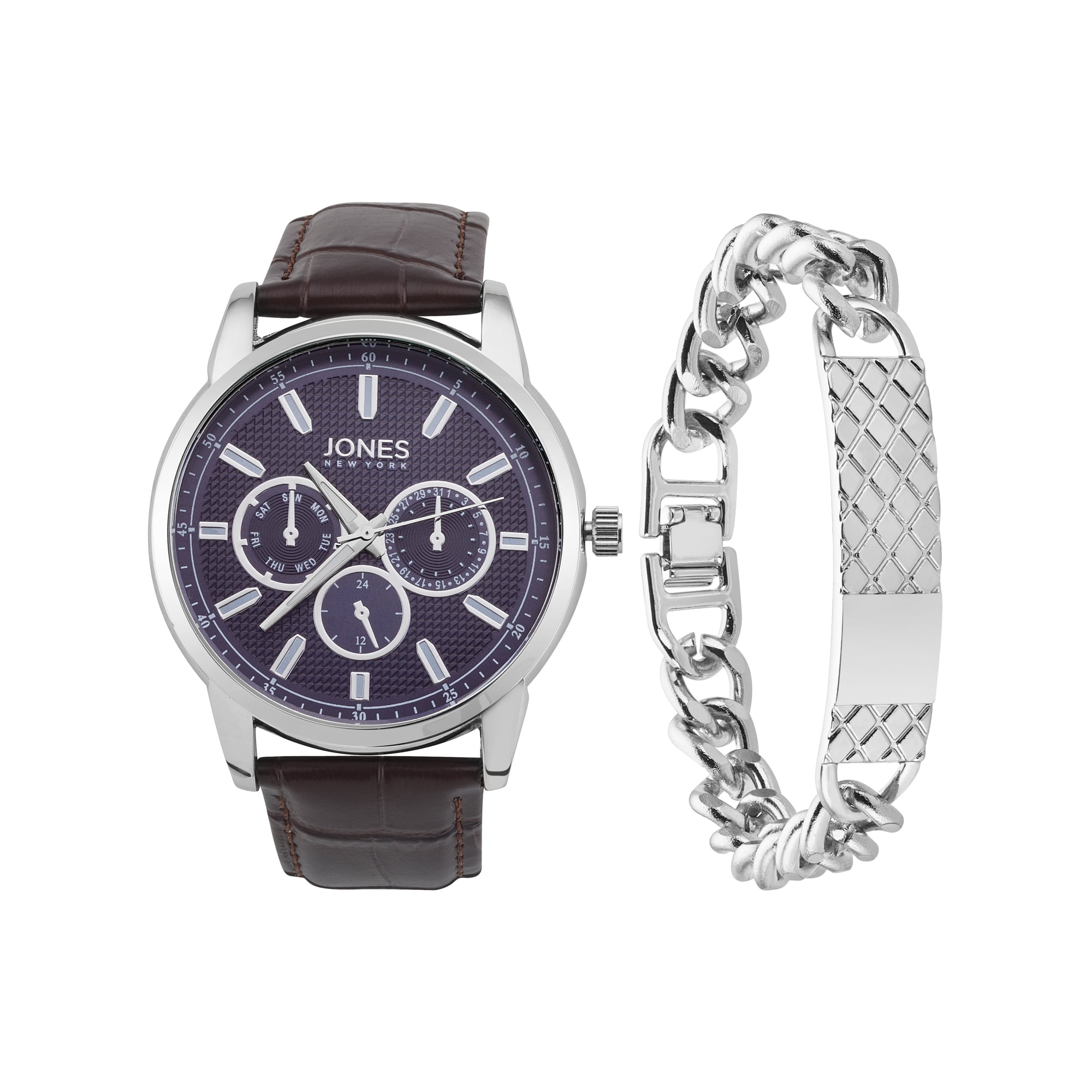 Jones New York Men's Analog Black PU Watch and Bracelet Set 42mm