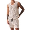 thumbnail image 3 of Men Crochet 2 Piece Outfits Mesh Sheer Tank and Shorts Summer Fishnet Shorts Set for Beach Casual Milky White M, 3 of 7