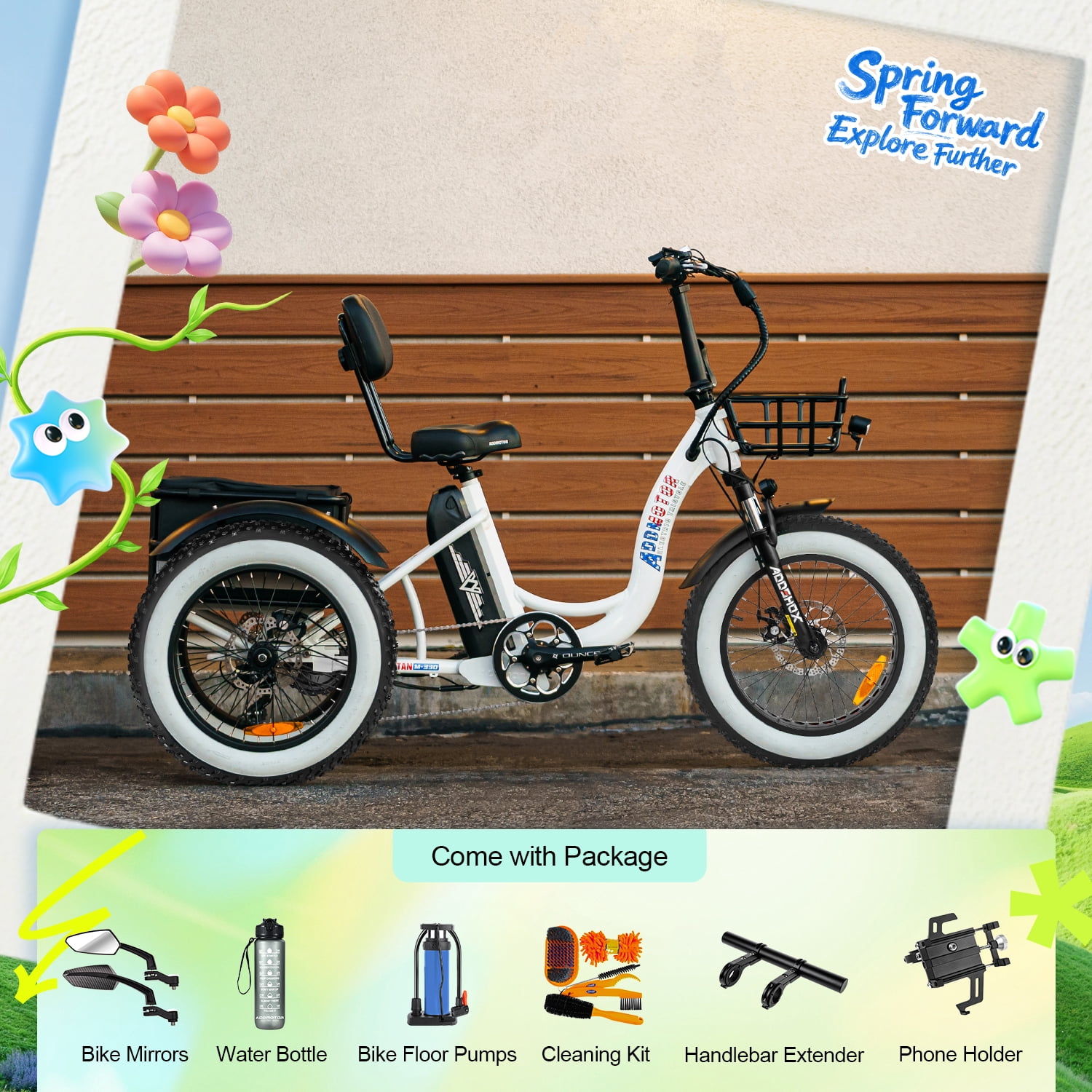 Addmotor M330II Electric Tricycle, 85 MI Long Range, 750W 48V 20AH Step-Thru Electric Trike, 3 Wheel Fat Tire Electric Bicycle for Adults with Front & Rear Basket, Black