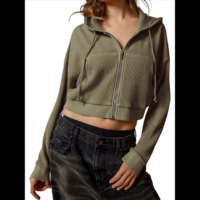 Sudadera Corta con Capucha y Cremallera para Mujer, Estilo Años 90, Larga, Cordón Ajustable y Bolsillos. Verde M