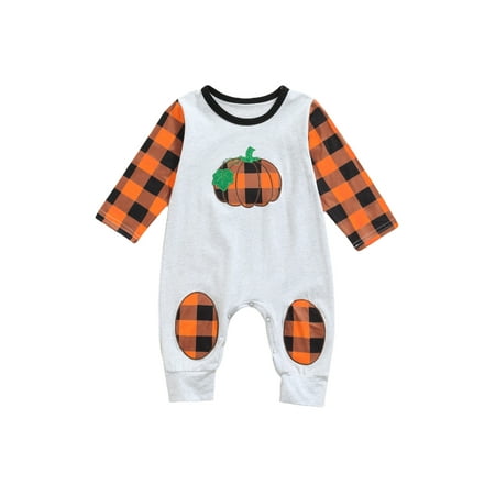 

Douhoow Baby Boys Pumpkin Romper Infant Plaid Print Long Sleeve O-neck Jumpsuit