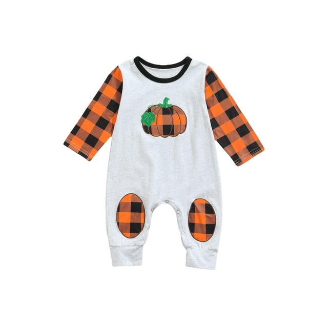 ZAXARRA Barboteuse Patchwork Citrouille d'Halloween pour Bébés Garçons, Combinaison à Manches Longues et Col Rond