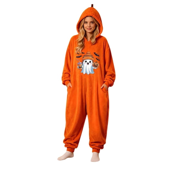 LILIYA Adult Halloween Onesie, Cozy Hooded Jumpsuit, Plush Long Sleeve Sleepwear for Couples, Soft Bodysuit with Deep Pockets, Warm Holiday Party Pajamas