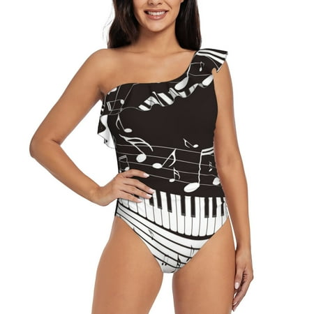 Sikiie Piano Keys With Musical Notes Print Women One Piece Swimsuits Tummy Control One Shoulder Bathing Suits Ruffle Swimwear  From S to XXL-XX-Large