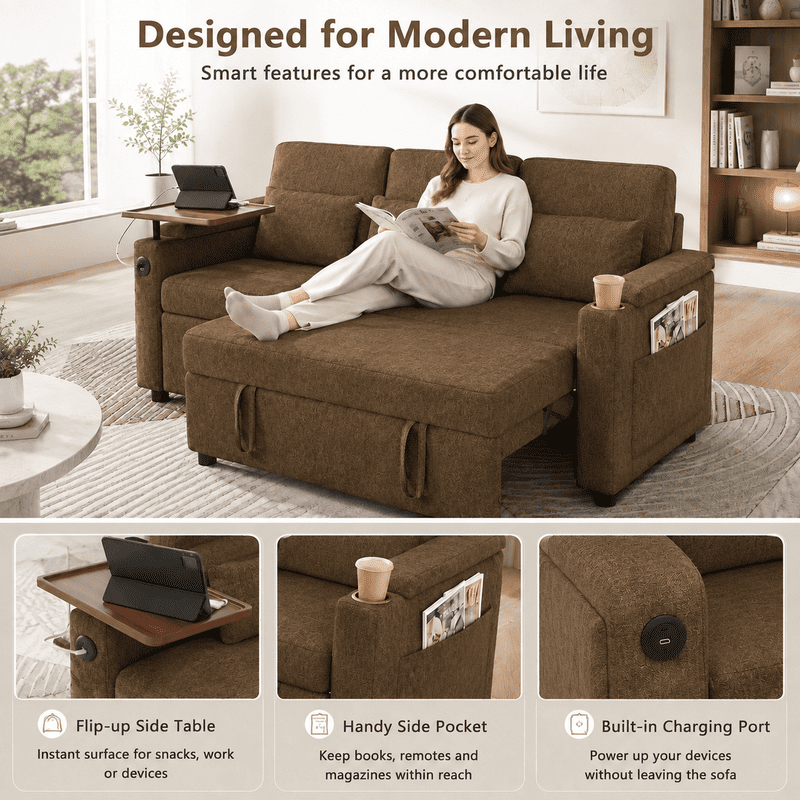 3-in-1 Convertible Sofa Bed, 3-Seater Chenille Couch with Adjustable Backrest, USB Charging Ports, Table Board and Storage Armrests, 81'' Foldable Sleeper Sofa for Living Room
