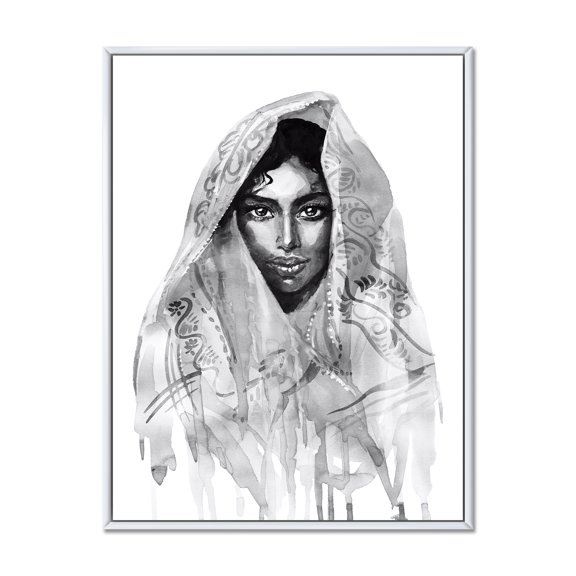 Designart 'Black and White Portrait of Young Indian Woman I' Modern Framed Canvas Wall Art Print