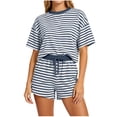 thumbnail image 2 of LEKWK Workout Sets for Women Striped 2 Piece Matching Set Athletic Short Sleeve and Drawstring Shorts Preppy Running Gym Sports Activewear, 2 of 6