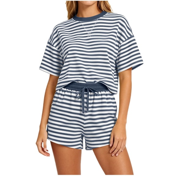 Bosfbaoi Two Piece Sets for Women Summer Striped Short Sleeve Crew Neck Drop Shoulder T‑Shirt and Drawstring Elastic Waist Casual Shorts Loungewear Outfits