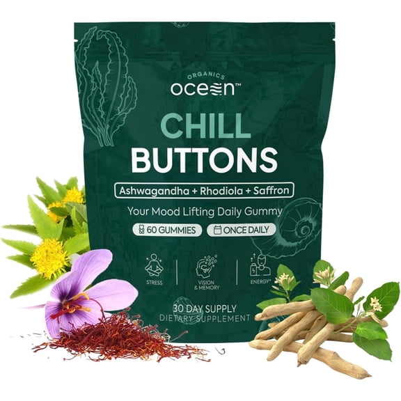 Organics Ocean Chill Buttons Ashwagandha Gummies – KSM-66 with Saffron & Rhodiola – 60 Gummies – Relaxation, Mood & Focus Support