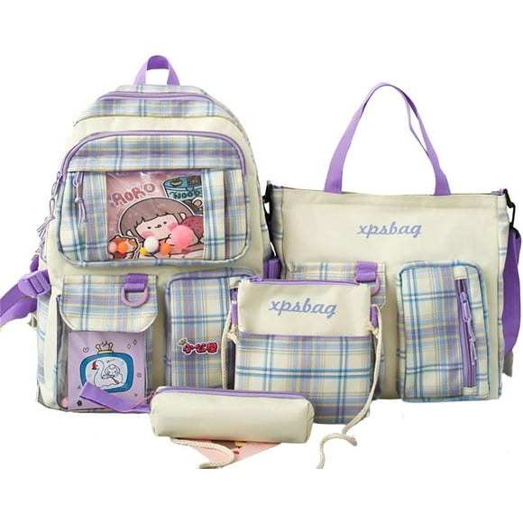 Kawaii Aesthetic Cute 4pcs School Bags Set with Accessories School Suppliers for Teens Girls Backpack Tote Bag (Purple)…