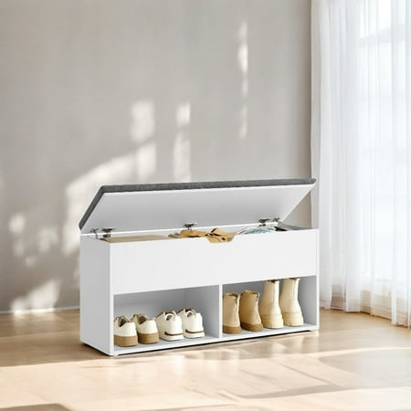 Cushioned Shoe Bench, 2 Open & 1 Hidden Compartments, White & Gray, Entryway Storage Bench