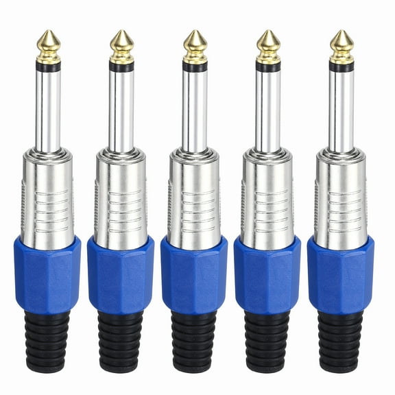 Uxcell 5 Pcs 1/4" Audio TS Plug, TS 6.35mm Mono Male Plug Cable Connector, TS Male Audio Cable Plug for Speaker, Microphone, Guitar, Audio Equipment, 3.58" Silver&Blue