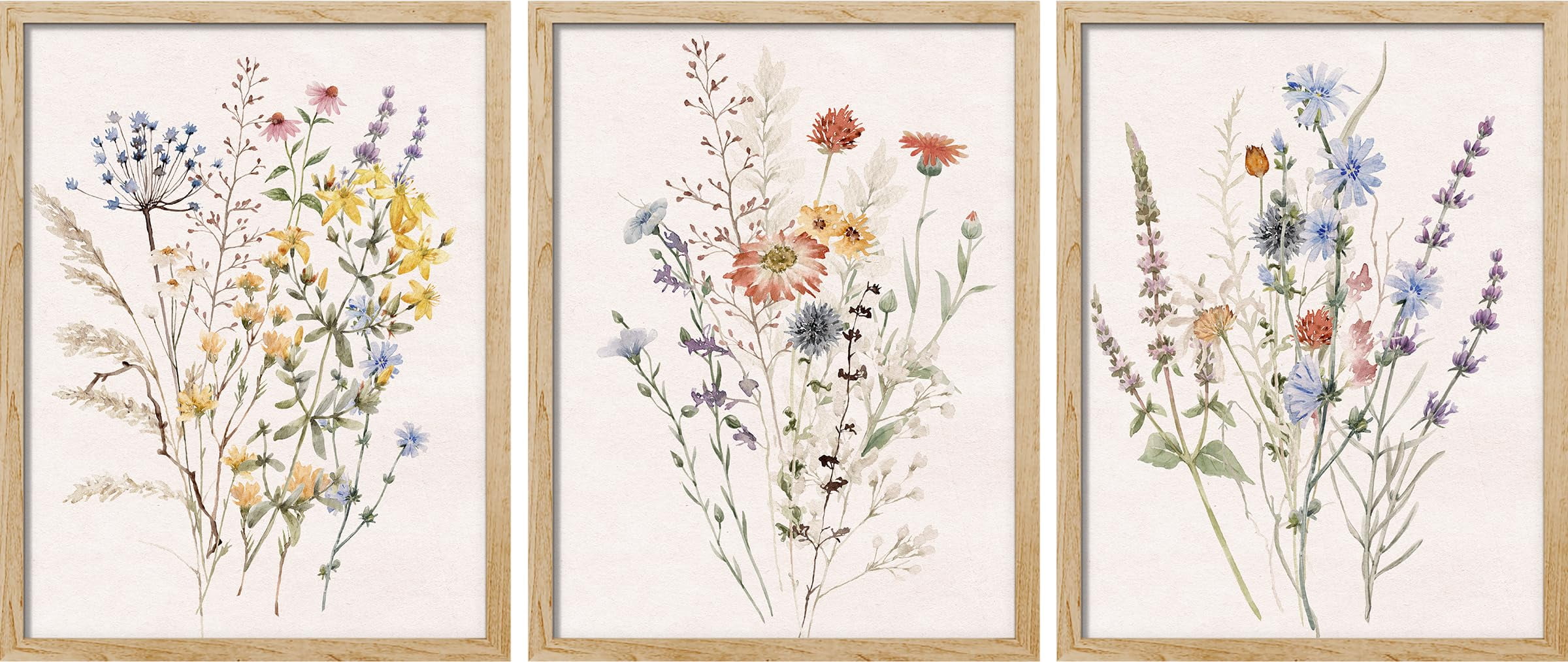 PixonSign Framed Canvas Print Wall Art Set - Multicolor Wildflowers Poster Art - Set of 3 Watercolor Nature Wilderness Floral Botanical Vintage Wall Décor for Living Room - 11"x14" Natural