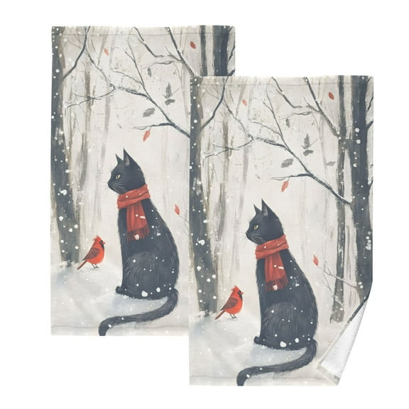 joogoo 2 PCs Hand Towels Sets Cat and Bird in Winter Cotton Face Towel Bathroom Decorative
