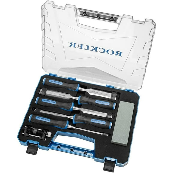 5-Piece Tang Chisel Set Woodworking w/Honing Guide & 2-Sided Sharpening Stone - Vanadium Steel Chisel Knife for Heavy Chopping w/Polypropylene Handle - Finely Crafted Hand Tools for Woodworking