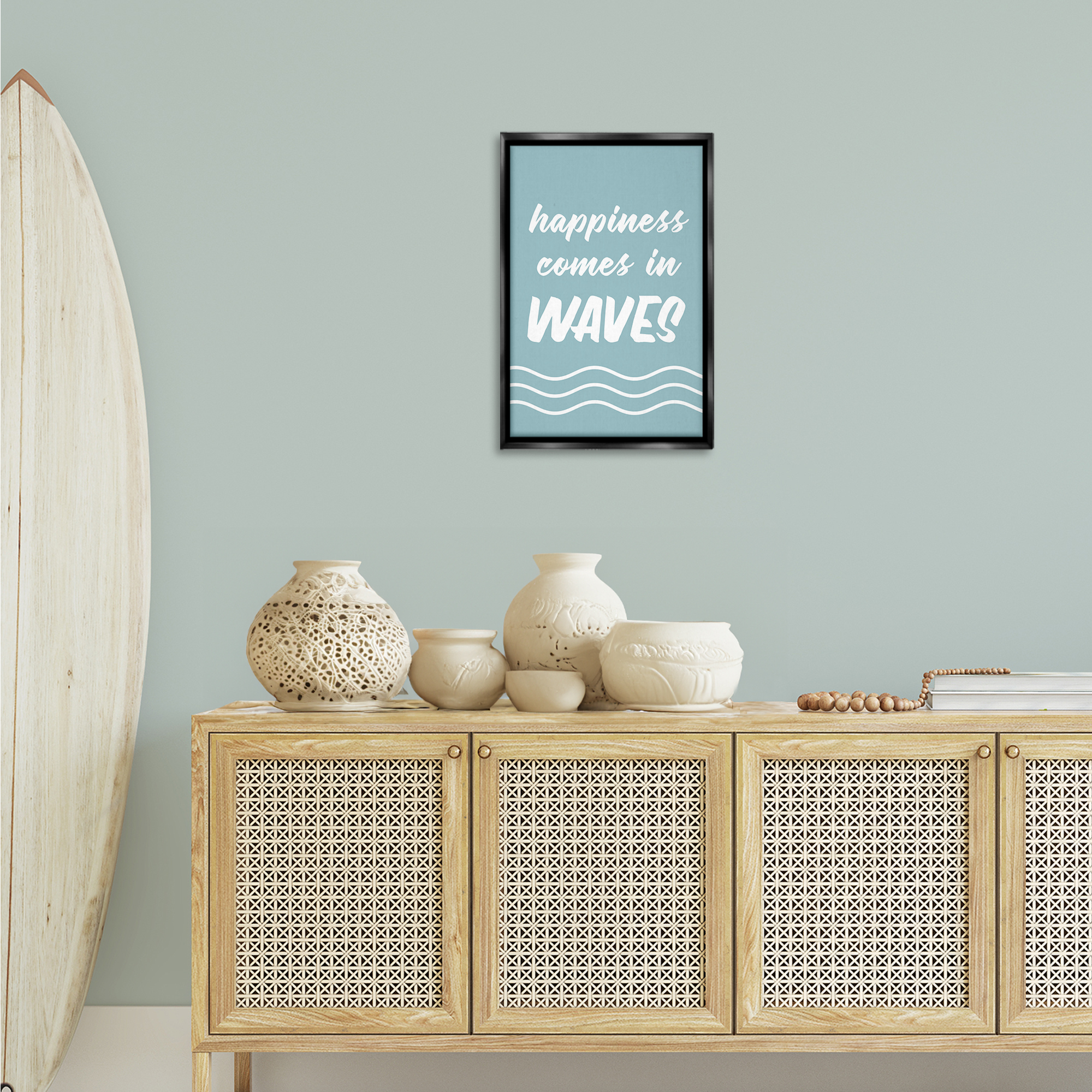 Stupell Industries Happiness In Waves Typography Painting Black Floater Framed Canvas Art Print Wall Art, 17 x 25