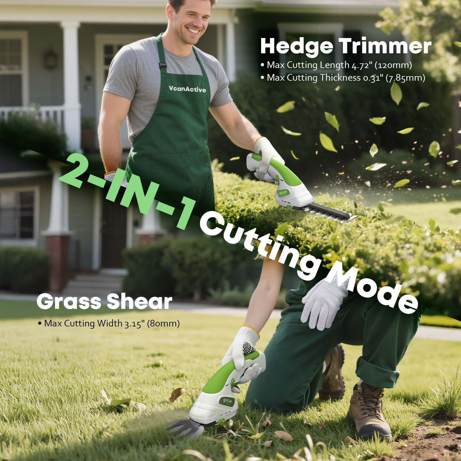 VCAN ACTIVE 2-in-1 Cordless Hedge Trimmer & Grass Shear, 7.2V Handheld Electric Shrub Trimmer, Lightweight Rechargeable with Type-C Cable, 2x 1.5Ah Batteries for Garden, Yard, Lawn