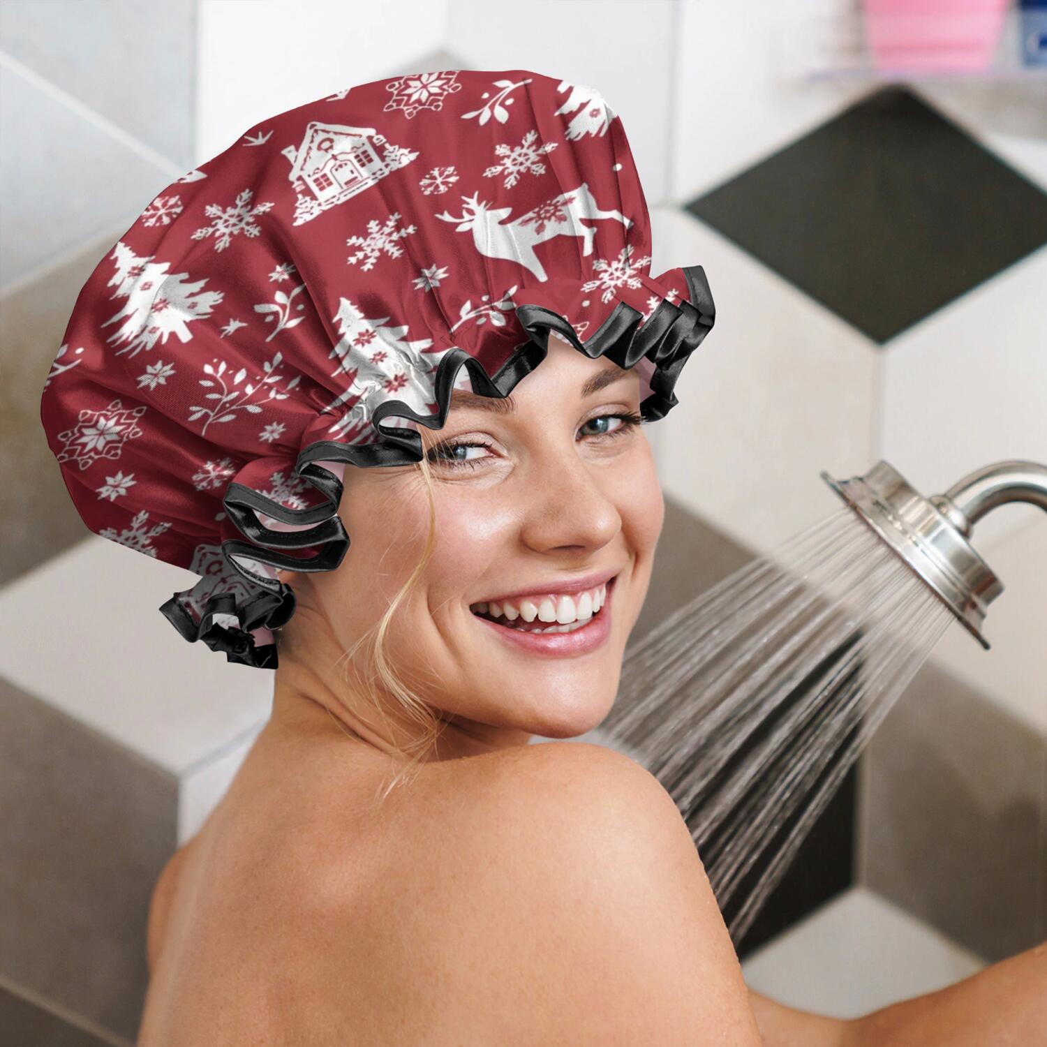 Shower Caps,Red Christmas Tree and Deer Pattern Waterproof Shower Cap for Women 4 Pieces,Double Reusable Hair Cover for Shower PEVA Elastic Stretch Hem