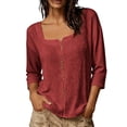 thumbnail image 5 of CLOISE Womens 3/4 Sleeve Tops Plus Size Shirts Loose Solid Color V Neck Pullover Cotton Blend Casual Fall Clothes Red XL, 5 of 8