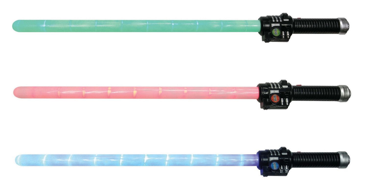 Sword is 26” long,. Sword with sound & light effect powered by 3 x AAA (lr6, 1.5v) batteries (included). Comes with a choice of 3 LED light colours (red LED, blue LED, green LED)., SPACE SWORD