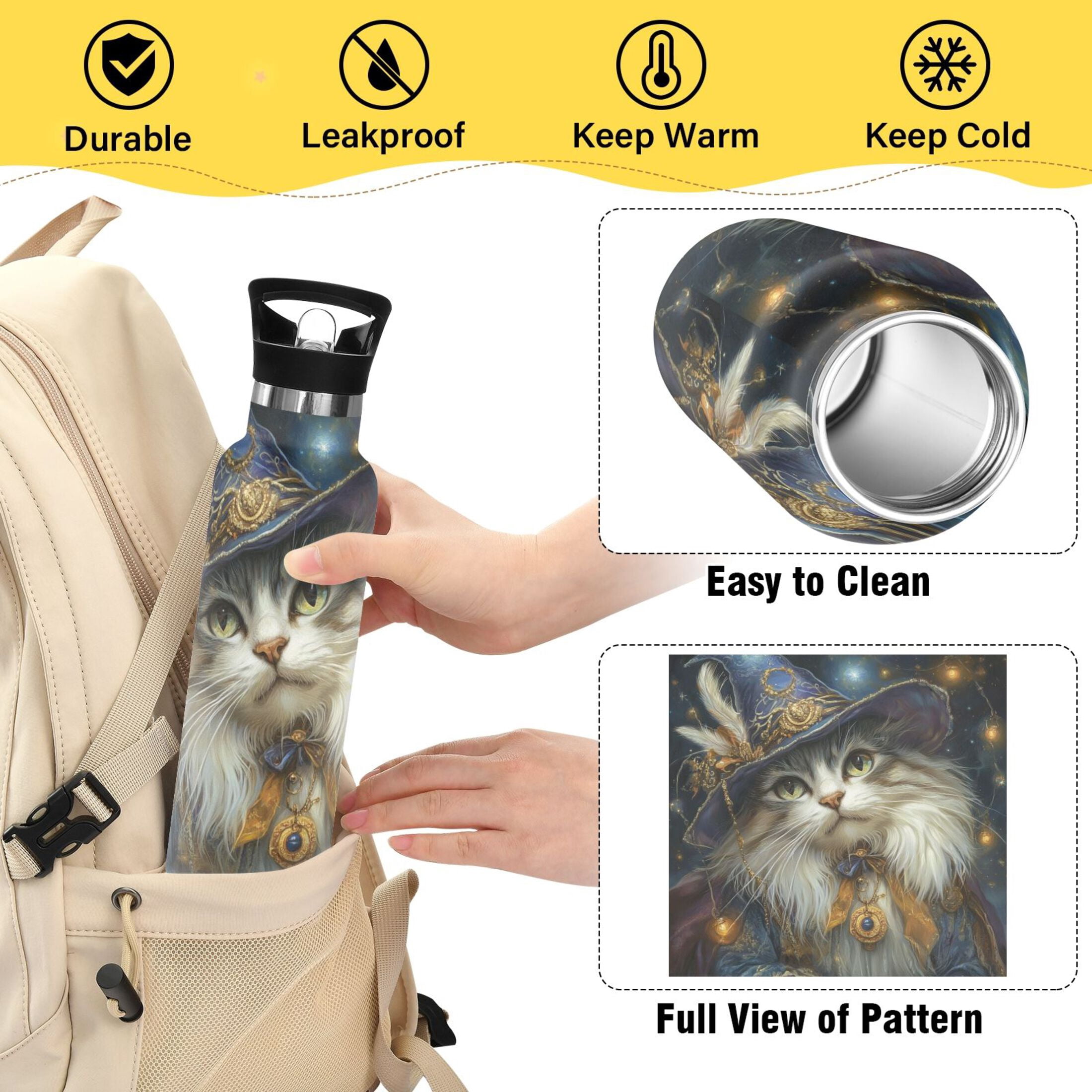 600ML Stainless Steel Insulated Cup Sports Water Bottle Portable Thermos Cup Water Glasses Insulated Tumblers Convenient and Durable Magical Cartoon Cat
