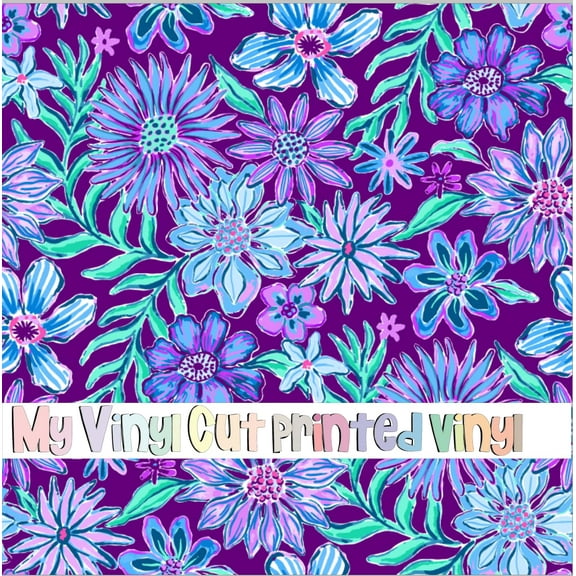Printed Adhesive Vinyl Blue and Purple Flower B Pattern Permanent Adhesive (Large Scale)