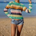 thumbnail image 2 of Women Crochet Knit See Through Tops Rainbow Stripe Long Sleeve Hollow Out Beach Cover Up, 2 of 9