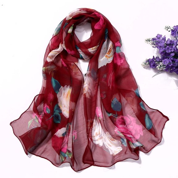 TELOLY Fashion Women Roses Printing Long Soft Wrap Scarf Simulation Silk Shawl Scarves Wine,Stylish Floral Accessory for Casual Wear, Parties and Evening Outfits