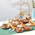 thumbnail image 3 of 20 Pcs Porcelain Tea Set with Metal Holder and Spoon Adult Ceramic Tea Party Set European Flower Painting Teapot Cup Saucer Spoon Set for Women, Large Version(Fresh Style), 3 of 6