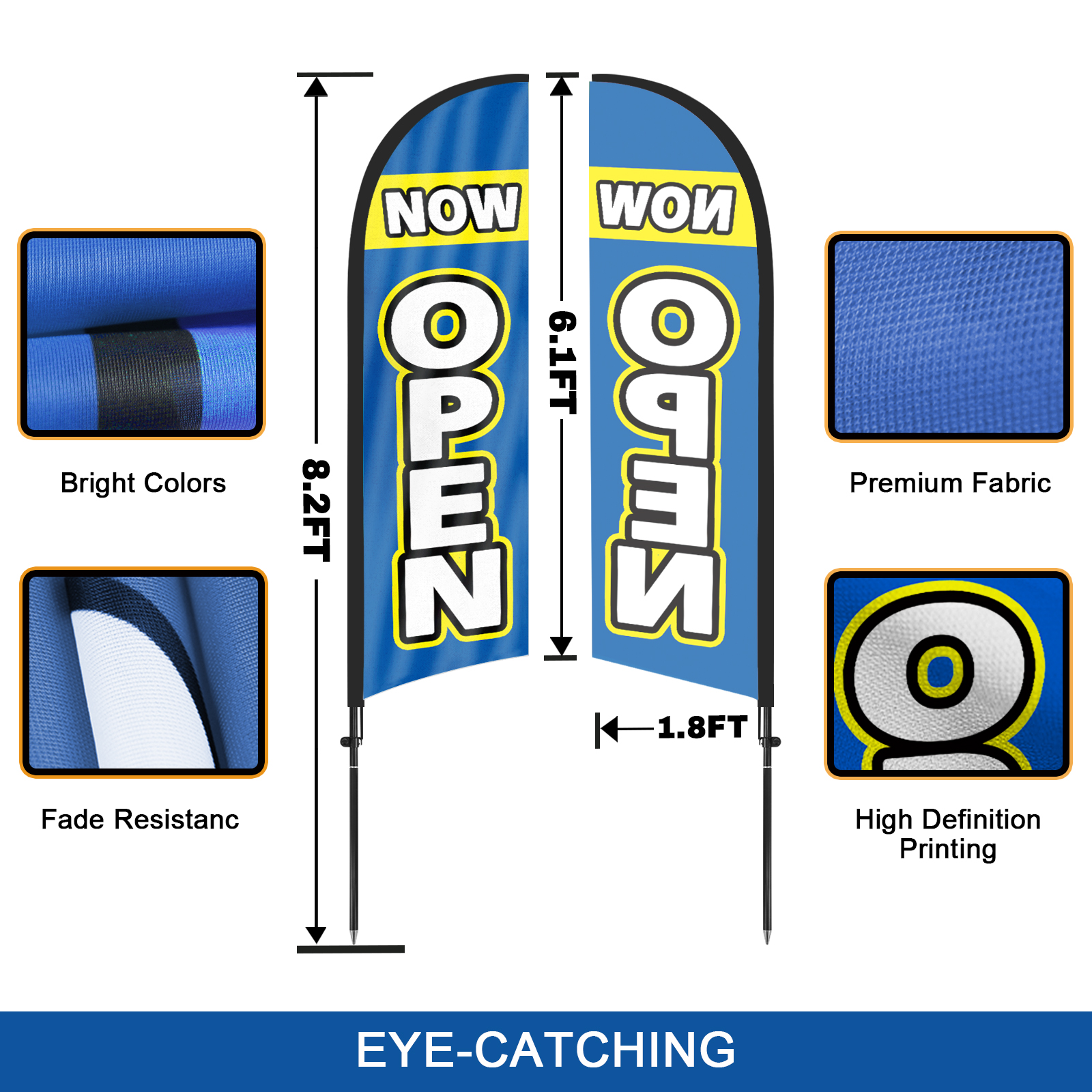 QSUM Now Open Themed Swooper Flag, 8.2FT Now Open Banner Feather Flag with Carbon Fiber Pole Kit/Ground Stake, Now Open Signs for Business Advertising