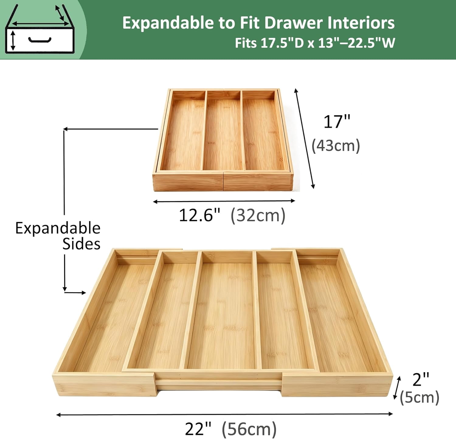 Bamboo Expandable Kitchen Drawer Organizer, Adjustable Utensil Holder and Cutlery Tray Organiser, Drawer Divider for Silverware, Flatware, Knives in Kitchen, Bedroom, Living Room, 5 Slot