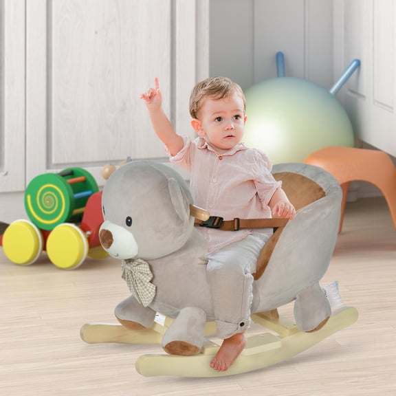 Qaba Kids Rocking Horse, Bear-Shaped Plush Ride on Horse with Sound, Wooden Base & Safety Belt for 18-36 Months, Gray