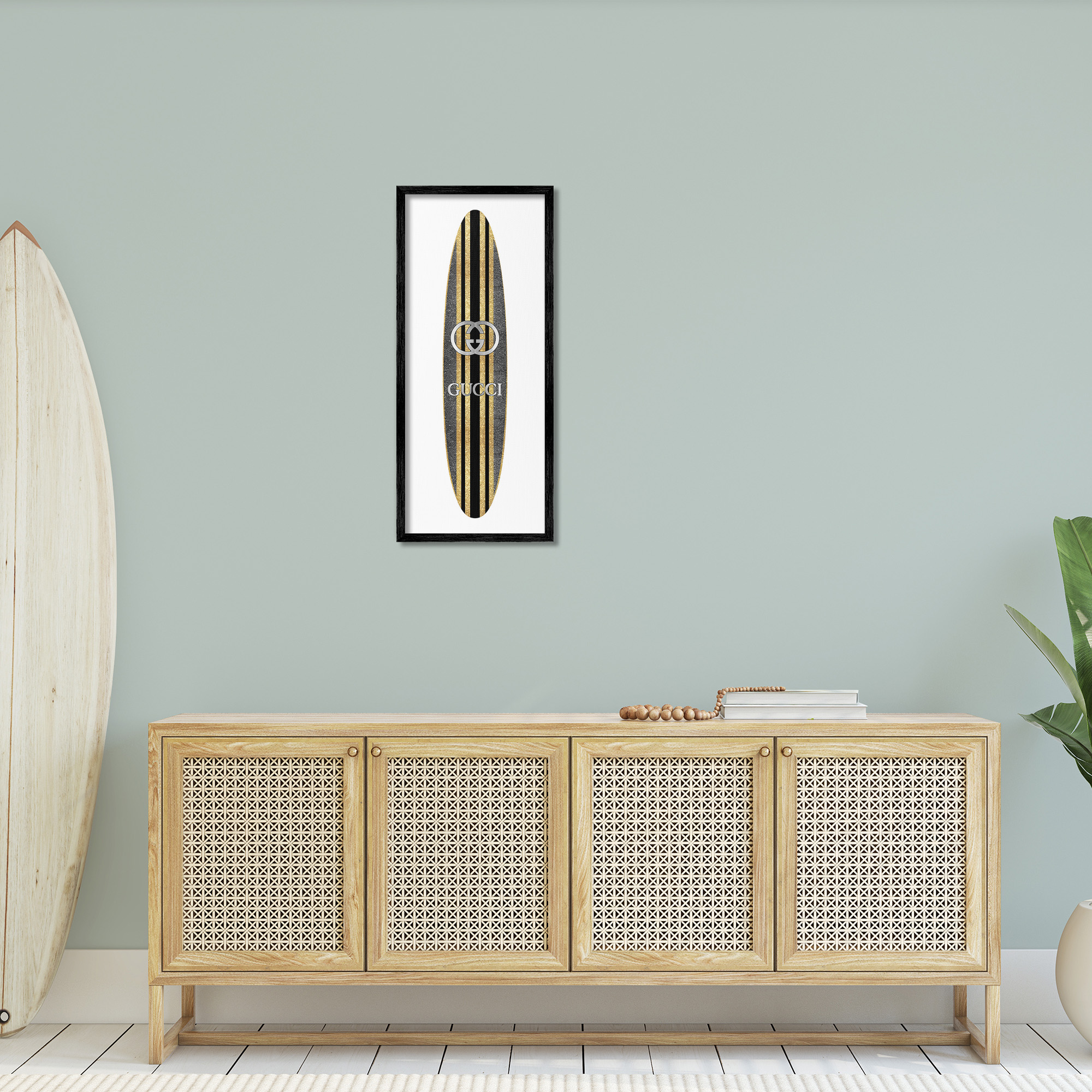 Stupell Industries Trendy Glam Surfboard Nature Painting Black Framed Art Print Wall Art, 13 x 30