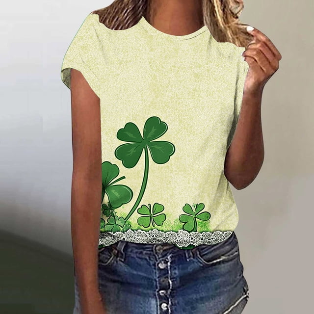 Uootdi T-Shirts à Manches Courtes de la Saint-Patrick pour Femmes Col Rond Trèfle Usé Hauts Graphiques Décontractés Tenue Quotidienne Looks de Célébration Cadeau