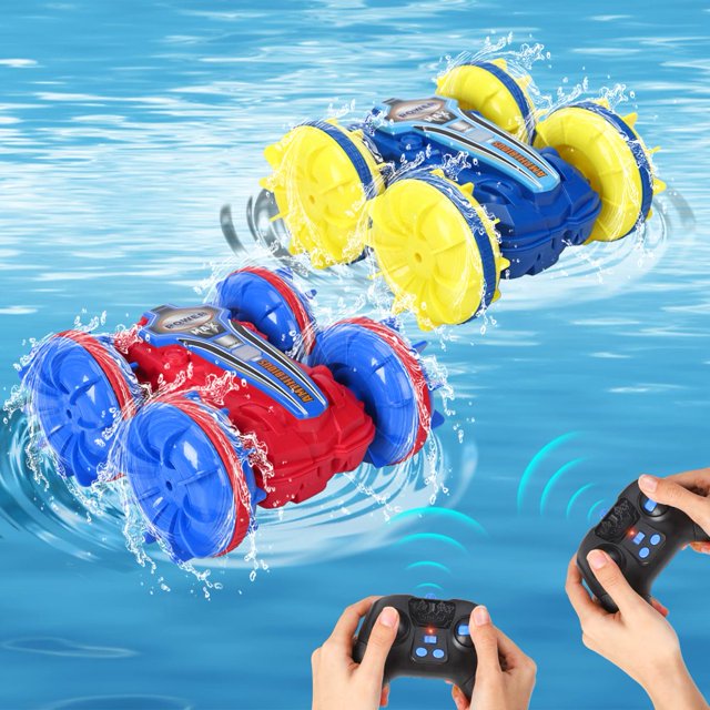 MesaSe 2 Pack Amphibious RC Stunt Cars for Kids 4WD 2.4GHz Waterproof Rotating 360° Off Road All Terrain Remote Control Cars for Water Beach Pool