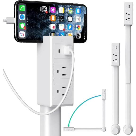 Outlet Extender Stick with Phone Holder, 2 Outlets, USB-C and USB-A Charging Ports, 27.5 in Retractable Rigid, 180° Rotating Plug, Wall Plug Extender Power Strip for Bedside, Dorm, Office, Sofa