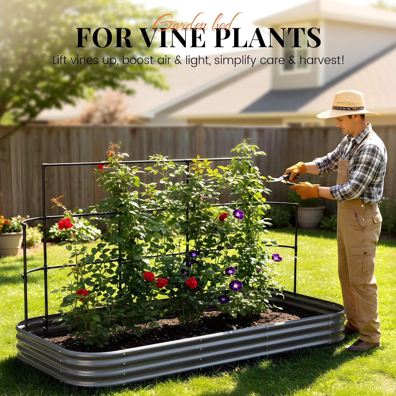 KING BIRD 7.87x3.94x0.98 ft Raised Garden Bed with Wall Trellis Galvanized Steel Metal Planter Garden Box Outdoor for Gardening Climbing Vegetables Flowers Dark Gray